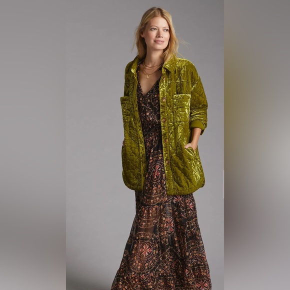 Anthropologie Quilted Velvet Shirt Jacket Size S Green Chartreuse - Picture 2 of 6